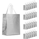 cabzymx Silver Small Reusable Gift Bags with Metallic Design, 25 Pcs Return Gift Bag Bulk for Wrapping Gifts, Birthday, Wedding, Parties-10.2x3.9x8.3 In