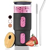 32oz Glass Tumbler with Straw & Bamboo Lid with Silicone Sleeve, Reusable Boba Smoothie Cup Iced Coffee Tumbler, Fits Cup Holder, Glass Water Bottle, BPA Free, Beer Mug & Stein Black