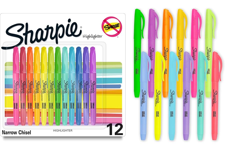 Sharpie Pocket Highlighters, Chisel Tip, Assorted Colored Highlighters, Essential Teacher and Office Supplies, Classroom Must Haves, Smear-Resistant, 12-Pack