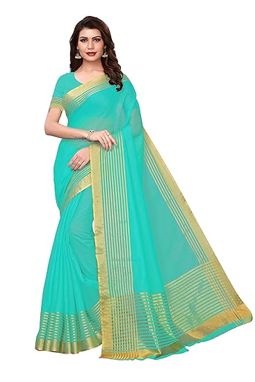 Womens Kota Doria Gold Striped Sarees With Blouse Piece (Free Size)