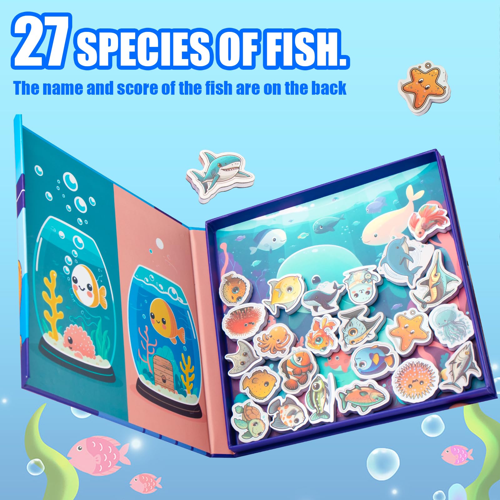 Magnetic Fishing Game for Toddlers -Travel Toys 3-5 Airplane Essentials - Mess-Free Camping & Car Trip Activity - Wooden Learning Toy with 27 Fish