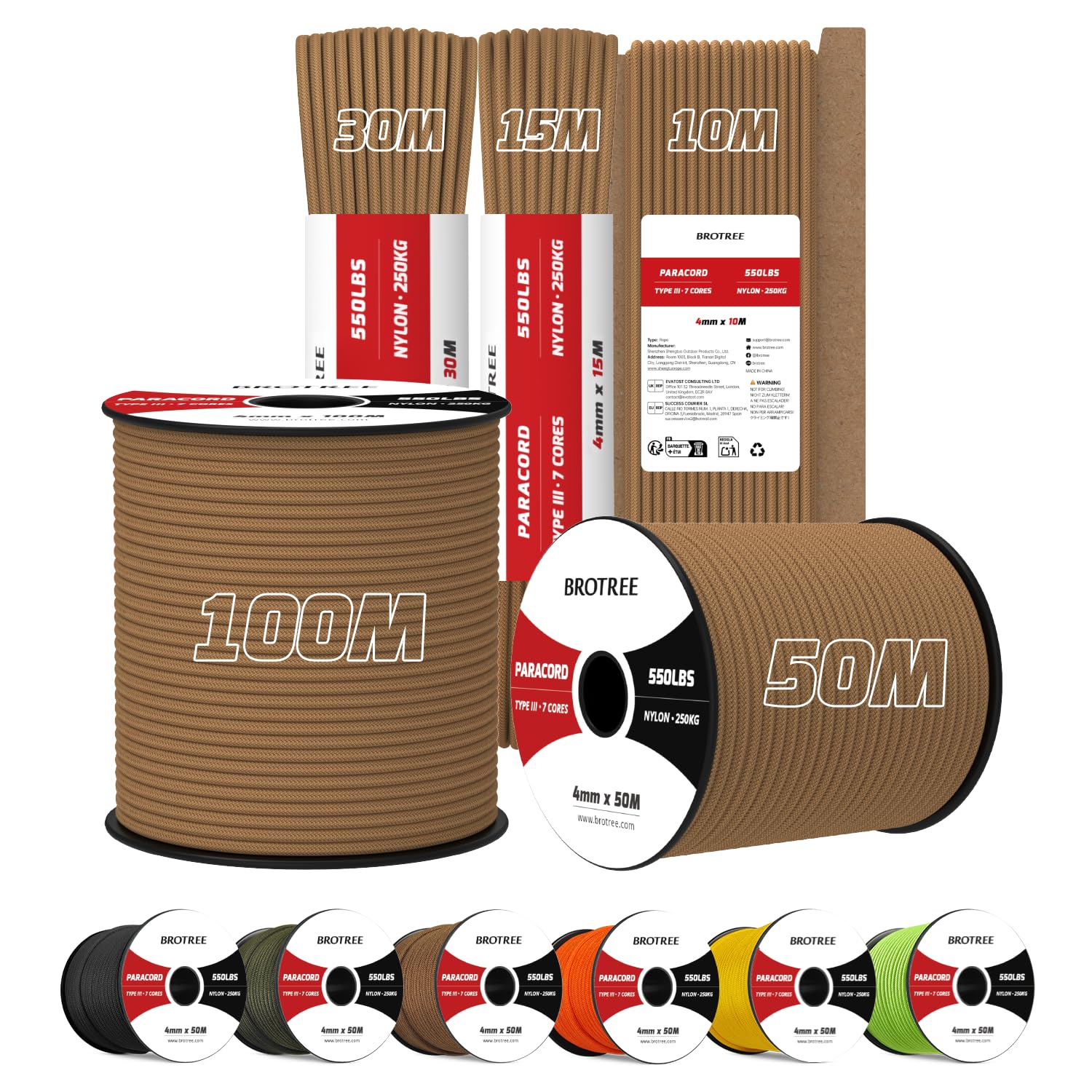 Brotree 4mm Paracord 550 100M 100% Nylon Rope 7 Strands Type III Parachute Cord for Outdoor and DIY - 250kg Breaking Load (Coyote Brown)