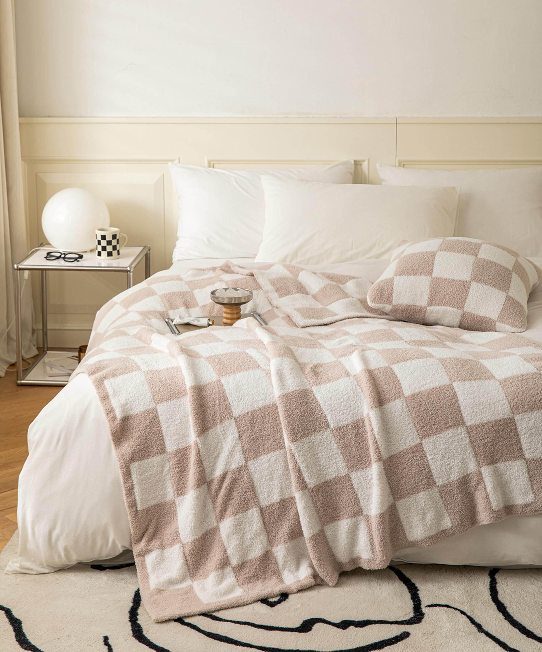 REPRECONF ZASTION Ultra Soft Cozy Buffalo Checkerboard Grid Fluffy Microfiber Knitted Throw Blanket Lightweight Fleece Checkered Blanket for Sofa Couch Bed Travel Cream 51"X63"
