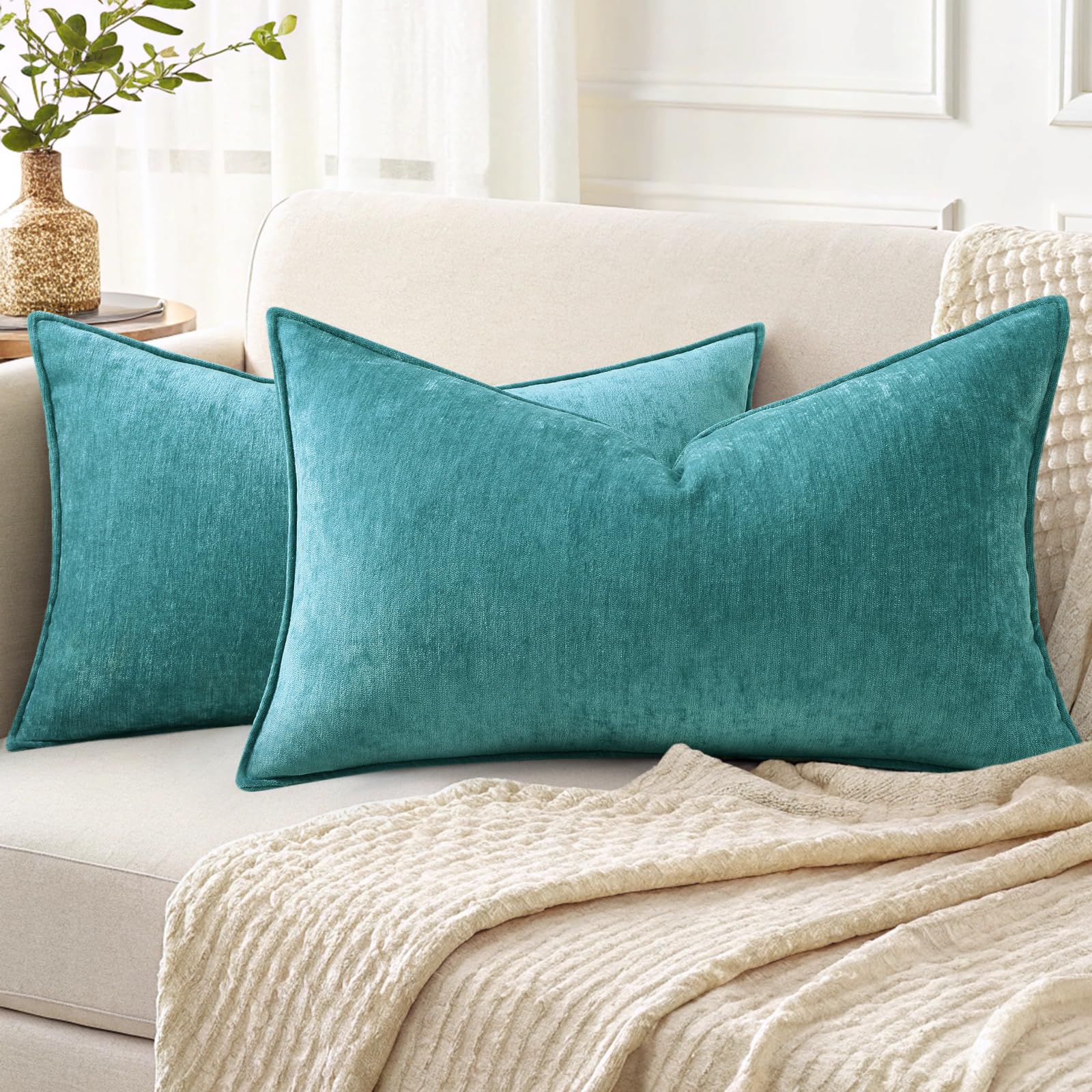Photo 1 of decorUhome Couch Throw Pillow Covers 12x20 Set of 2, Decorative Soft Euro Neutral Chenille Lumbar Pillow Covers with Elegant Design for Sofa Bed Living Room Home Decor, Teal