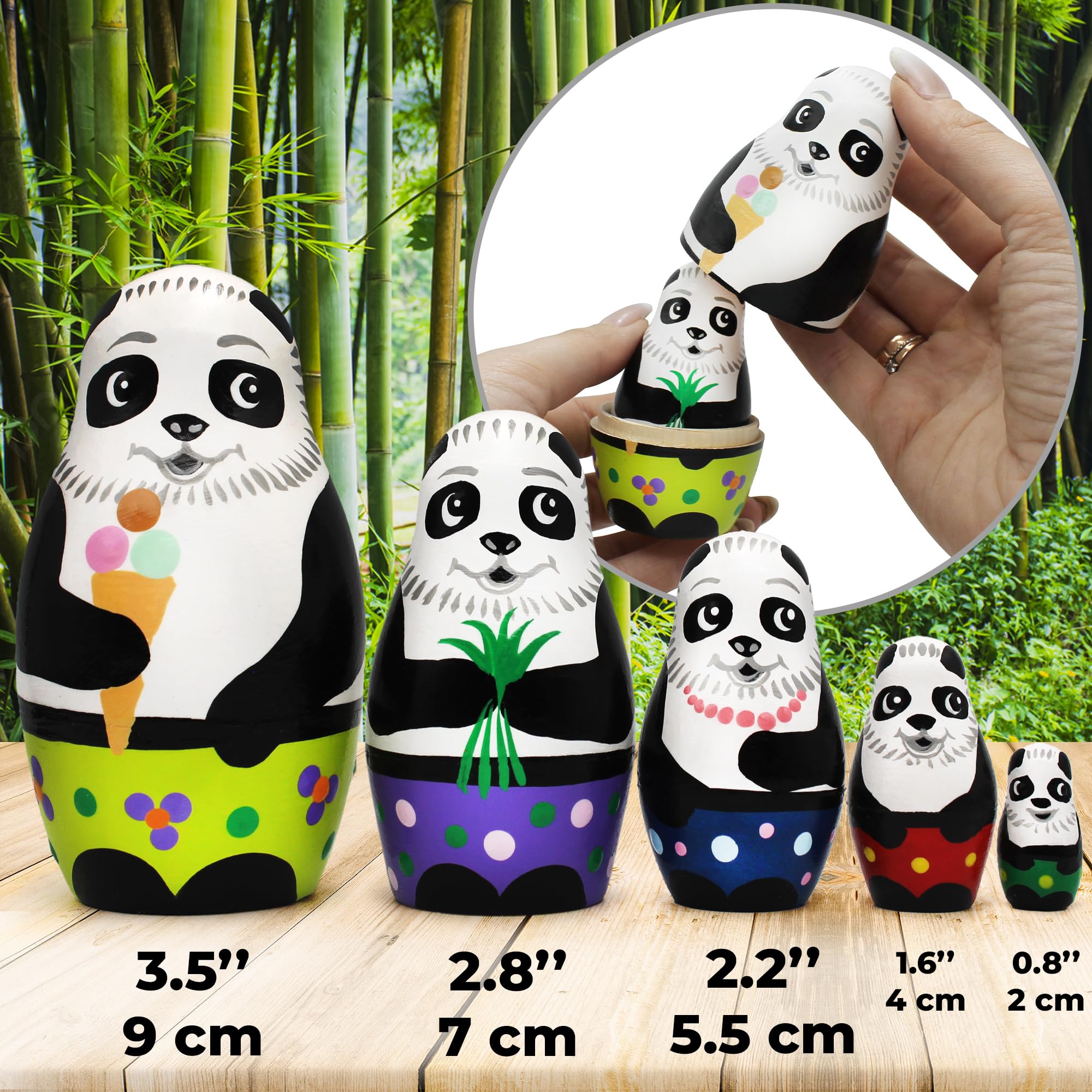 Handmade Panda Nesting Doll Set - 5 Piece Mini Hand Painted Matryoshka Wooden Russian Dolls - Hand Painted Animal Stacking Figurines - Panda Bear Room Decor