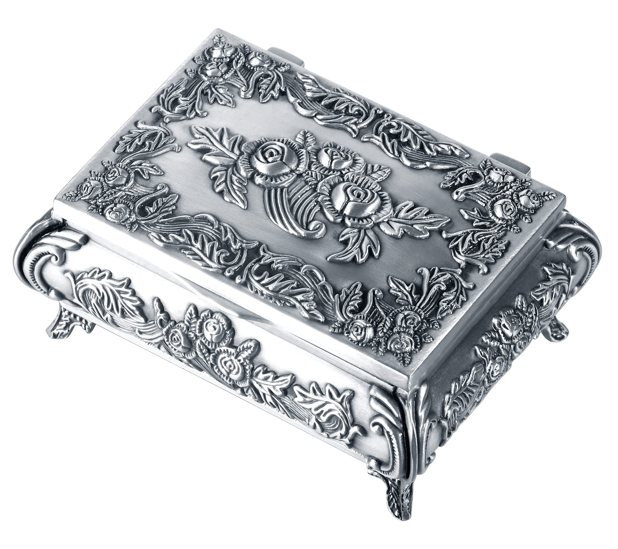 INFINIONLY Jewelry Box for Women, Tin Alloy Jewelry Box, Vintage Metal Carved Roses Jewelry Box, Four-Legged Jewelry Box, Jewelry Storage Box, handicrafts, no Deformation, no Rust, Vintage Silver