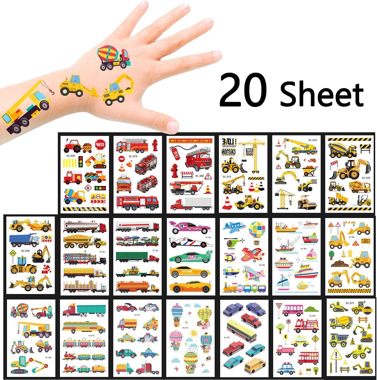 Vibury Car Transport Temporary Tattoos For Kids, 20 Sheets Truck Waterproof Fake Tattoo Stickers Perfect Party Bag Filler & Gift Idea for Children