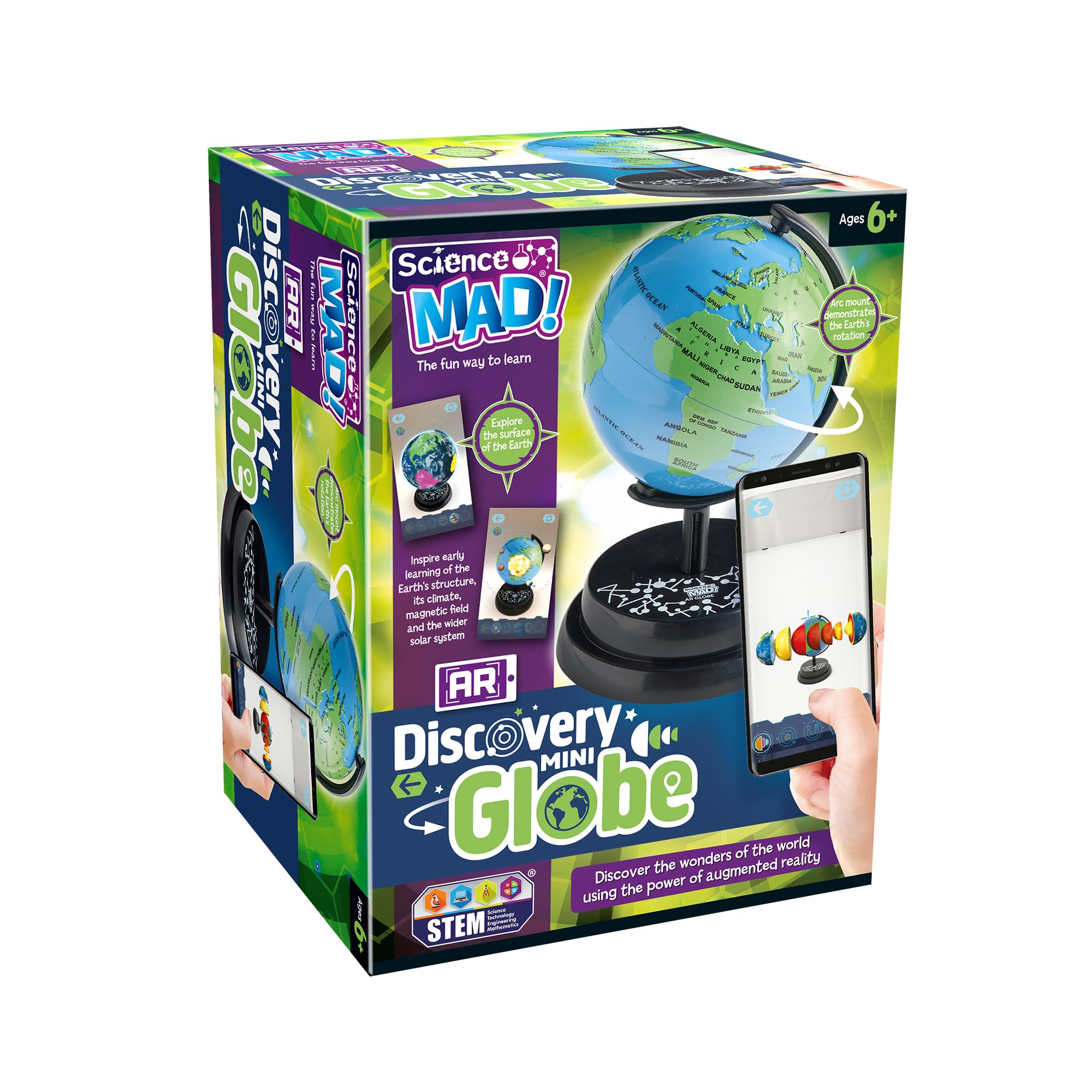Science Mad - AR Discovery Mini Globe For Kids - Learn About Planet Earth, Wonders of World, Continents and Solar System - Features Augmented Reality App, Globe and Stand, 6+ Years