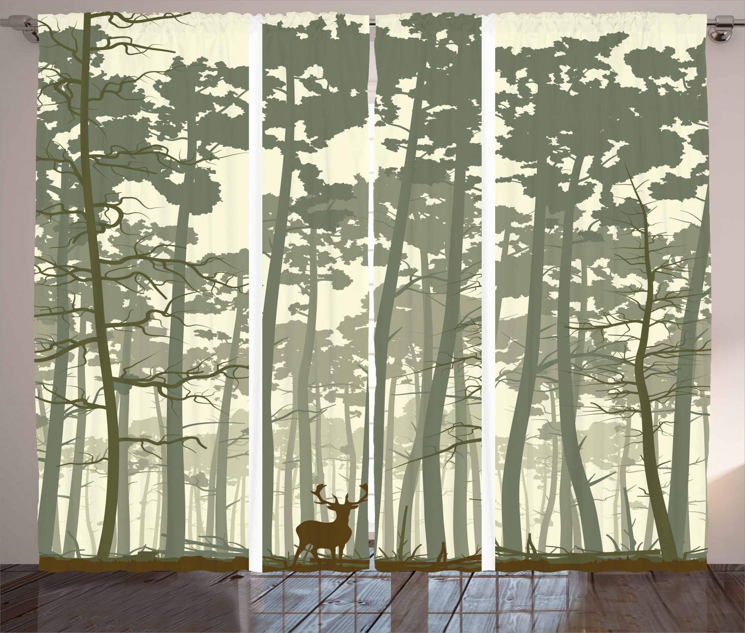ABAKUHAUS Forest Curtains, Vertical Stripes with Tall Trees and Lonely Deer Nature Illustration, Living Room Bedroom Window Drapes 2 Panel Set, 89 L X 110 W, Sage Green Cream Brown