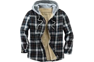 Derbars Men's Cotton Plaid Shirts Jacket Fleece Lined Flannel Shirts Sherpa Button Down Jackets with Hood for Men