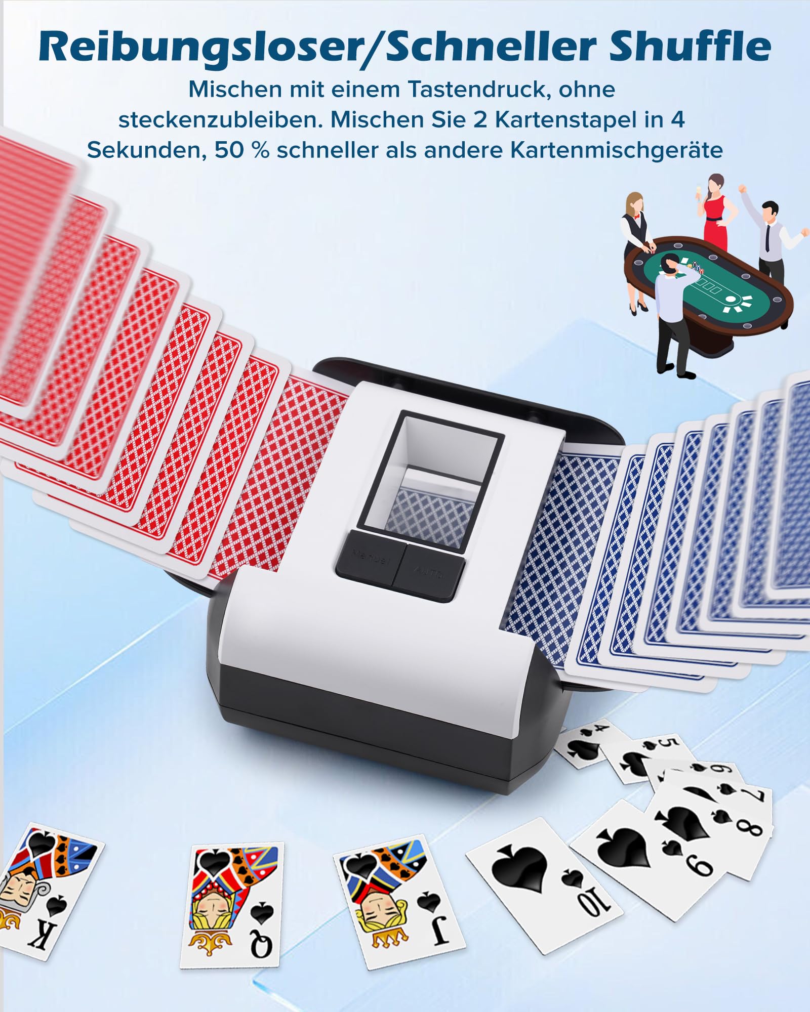 OUFUYU Kartenmischmaschine Elektrische, Automatischer Kartenmischer für 1–2 Decks One-Press Auto & Manueller Wiederaufladbar 2000mAh Geräuscharm für Poker UNO Blackjack Skip-BO Phase 10 Texas Hold'em 3