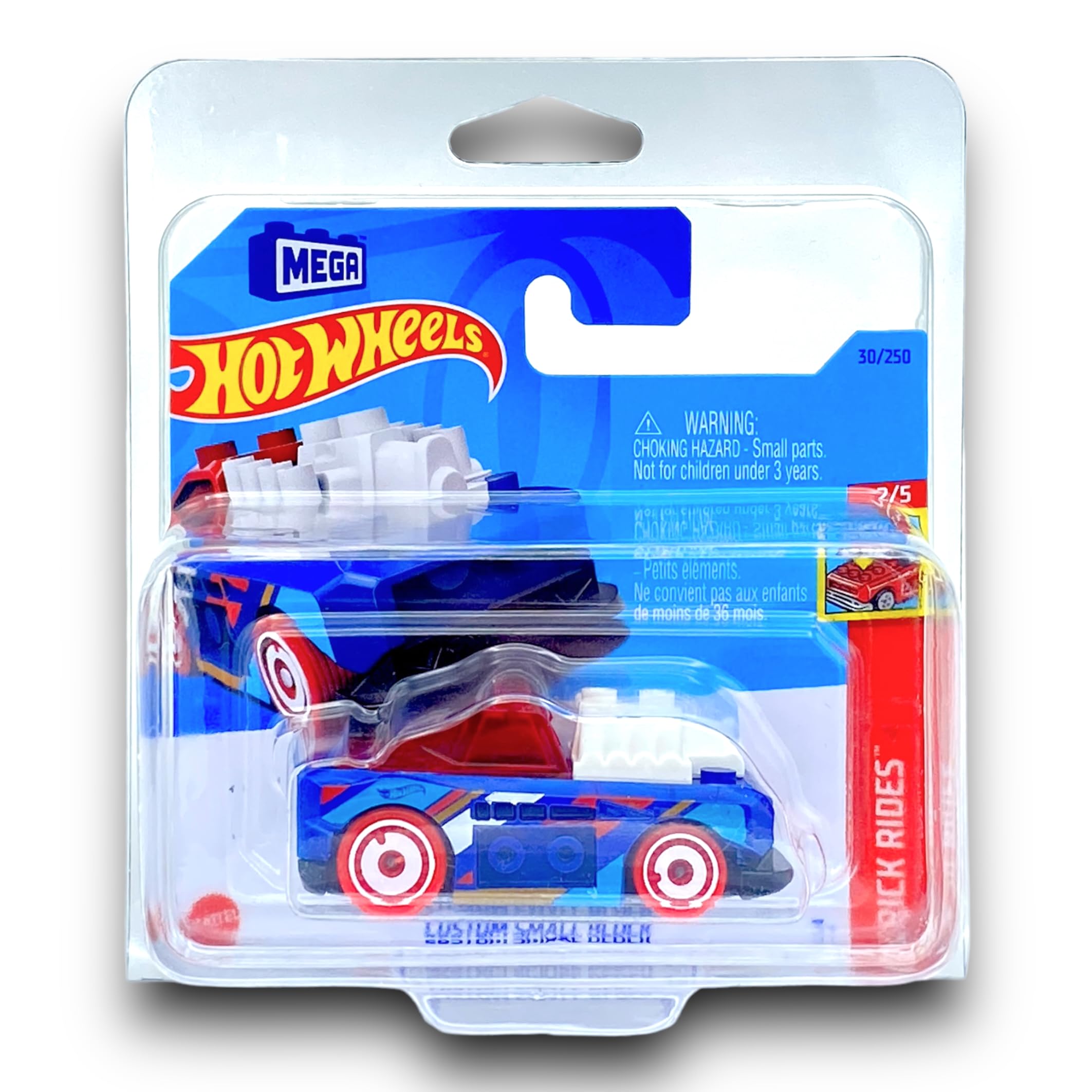 Hot Wheels Custom Small Block (LEGO Compatible) (Blue, Clear Red and White) 2/5 Brick Rides - 2023-30/250 (Short Card) - COMES IN A KLAS CAR KEEPER PROTECTIVE COLLECTORS CASE - HKJ86