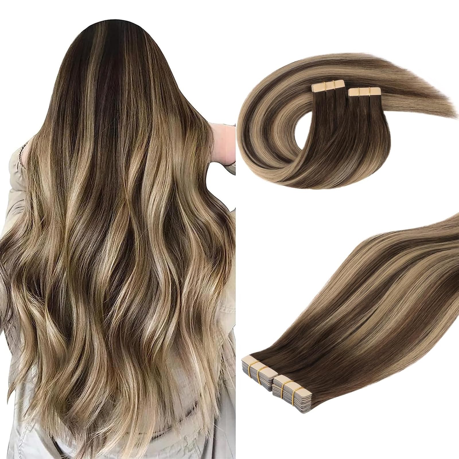 DOORES Hair Extensions Real Human Hair, Balayage Chocolate Brown to Honey Blonde 20 Inch 100g 40pcs, Tape in Hair Extensions Silky Straight Tape in Natural Hair — image 1