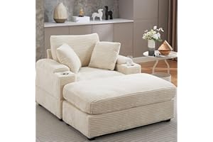 ODUWA Oversized Corduroy Chaise Lounge Chair Indoor with Storage and Ottoman, Sleeper Chairs with Cup Holder, Deep Seat Upholstered Sofa Bed,Chair for Living Room, Bedroom, Office Beige