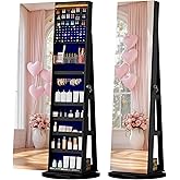 LVSOMT 360° Rotating Jewelry Mirror Cabinet with LED Lights and Lock - Freestanding Jewelry Storage Organizer for Bedroom, Closet, Vanity, Cosmetics & Accessories (Black)