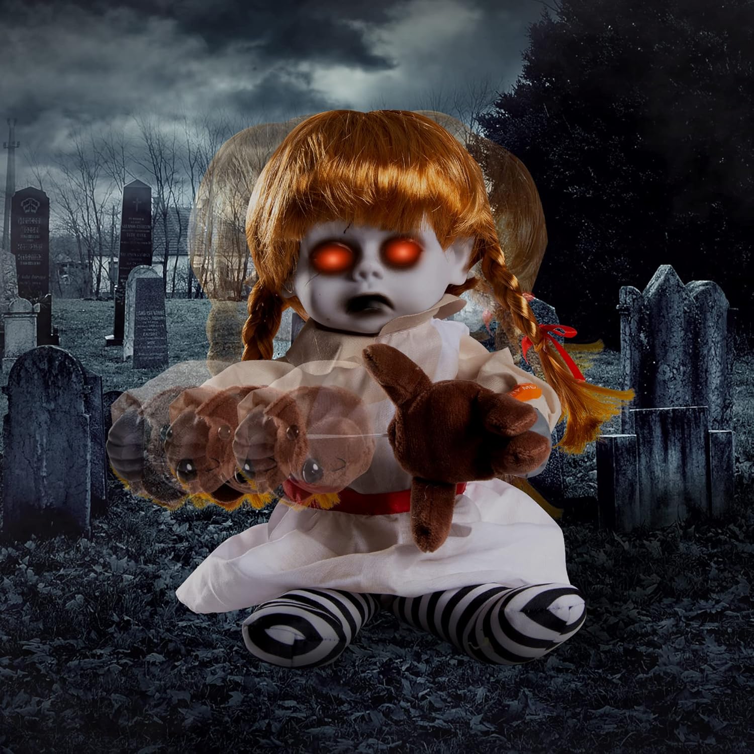 Outdoor Holiday Decorations - ELAMAS 10'' Animatronic Girl Doll Halloween Decorations - Sound Activated with Creepy Sound, Light Up Eyes, Scary Motion, Haunted House Holiday Decor Horror Prop, Indoor/Outdoor, Spooky Decoration