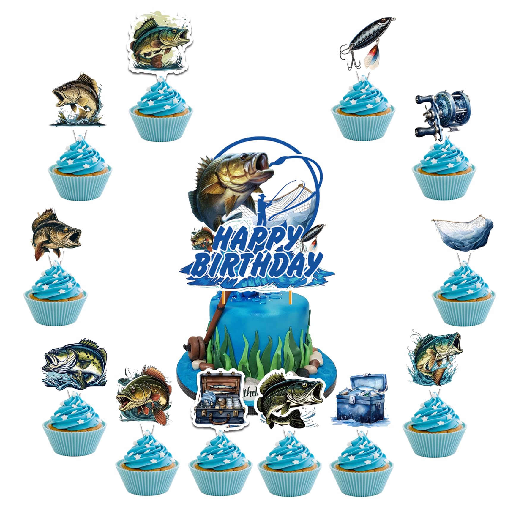 Photo 1 of 25 Pcs Gone Fishing Cake Topper Cupcake Toppers - Fishing Cake and Party Decorations - Birthday Party Supplies for Baby Shower