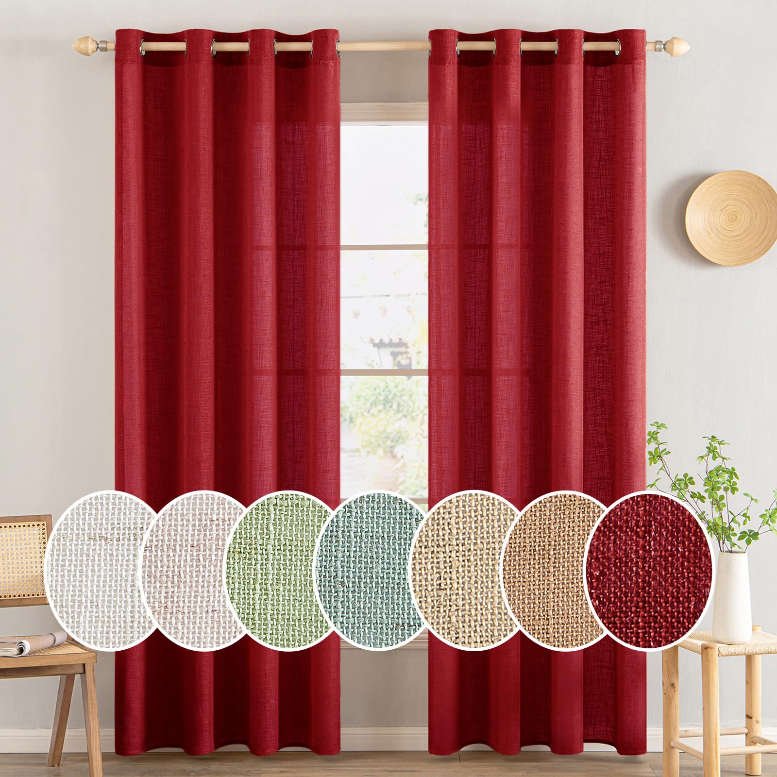 Photo 1 of MIULEE Burgundy Red Linen Curtains 84 Inches Long 2 Panels for Bedroom Living Room, Maroon Soft Thick Linen Textured Window Drapes Semi Sheer Light Filtering Grommet Burlap Look Christmas Decor