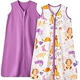 TILLYOU 2 Pack Infant Sleep Sack 0-6 Months 100% Cotton Wearable Blanket 0.5 TOG Sleeveless Summer Sleep Sacks with 2-Way Zipper, Animal Graffiti & Purple