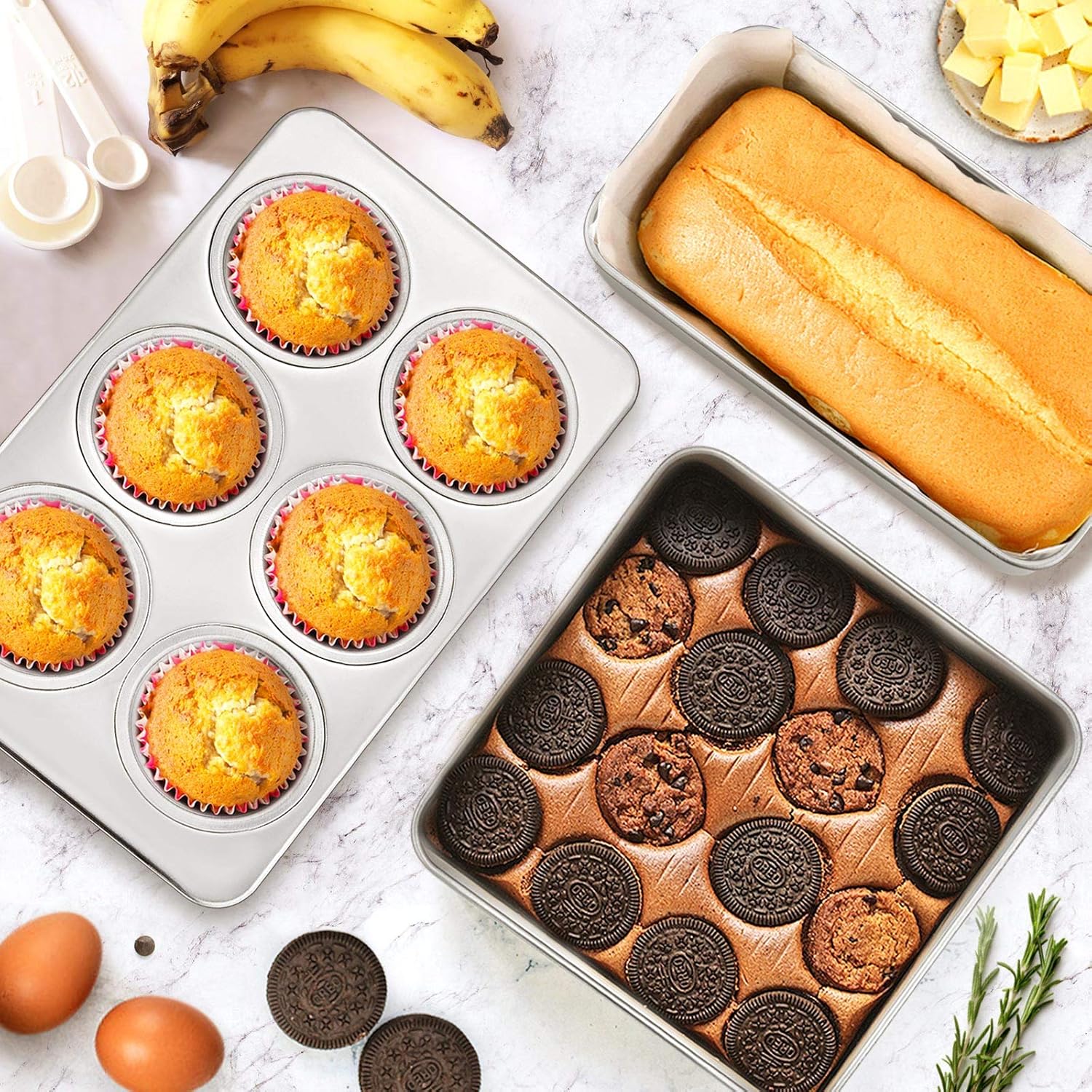 9-Piece Stainless Steel Bakeware Sets, E-far Metal Baking Pan Set Include Round/Square Cake Pans, Rectangle Baking Pan with Lid, Loaf Pan, Muffin Pan, Cookie Sheet with Rack, Dishwasher Safe: Kitchen & Dining