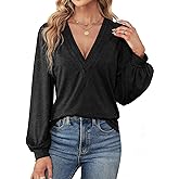 Agnes Urban Womens V Neck Long Sleeve Tops Dressy Casual Fall Shirts Puff Sleeve Loose Tunic Trendy Tops Blouses