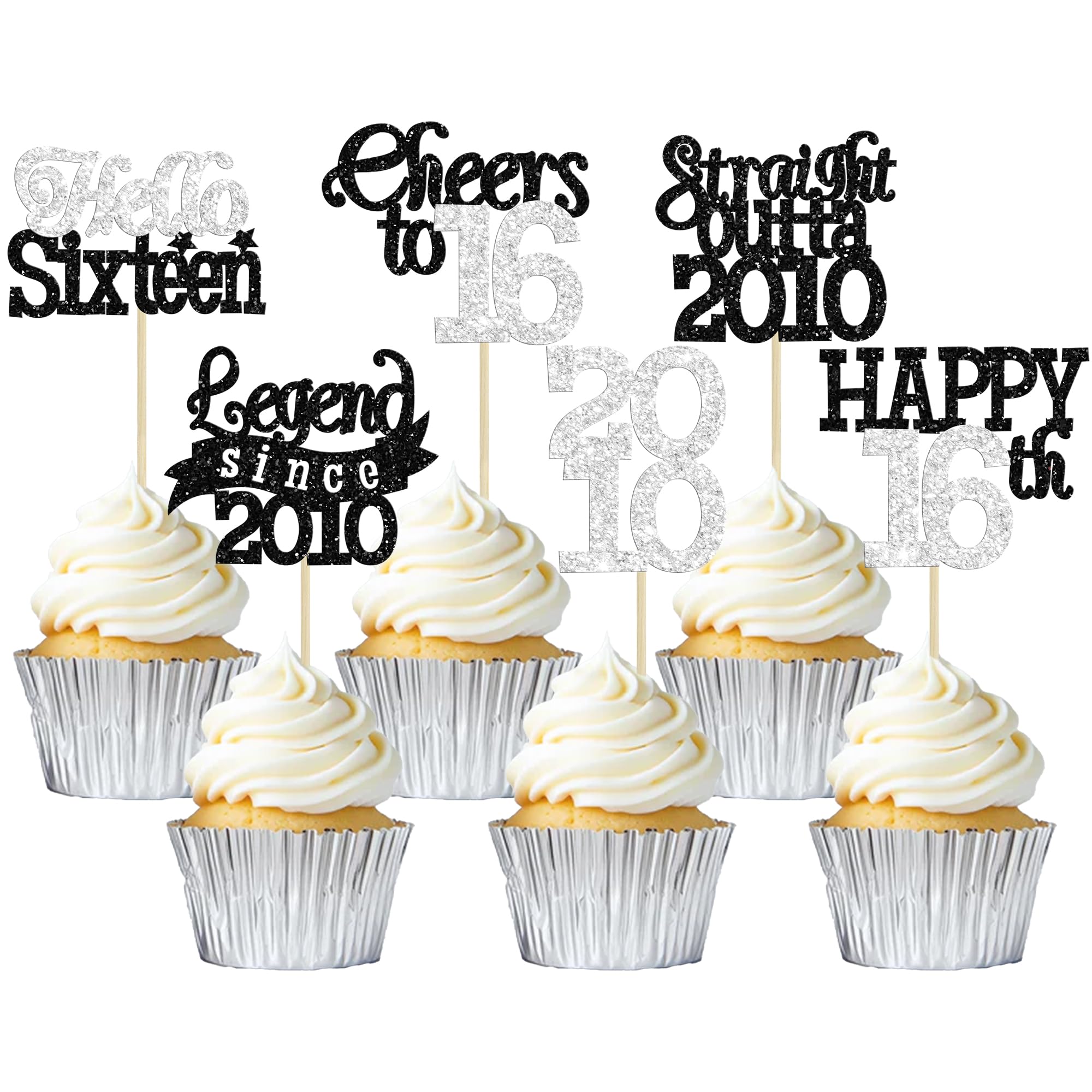 Gyufise 24Pcs Happy 16th Birthday Cupcake Toppers Sweet 16 Legend Since 2010 Cupcake Picks Cheers to 16 Years Cake Decorations for 16th Birthday Anniversary Party Supplies Black Silver