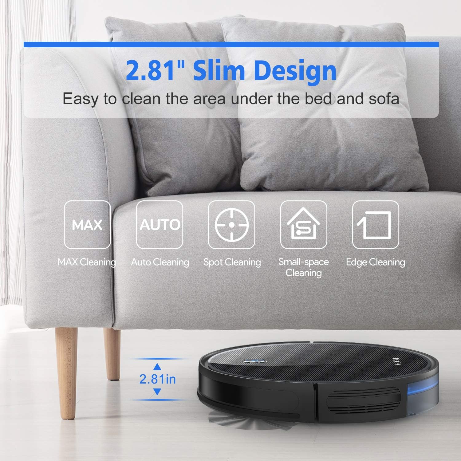 Robot Vacuum, GOOVI by ONSON 1800Pa Robotic Vacuum Cleaner (Slim) Max Suction, Quiet Multiple Cleaning Modes, Self-Charging Vacuum, for Pet Hair, Hard Floor, Medium-Pile Carpets -