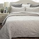 Comfy Bedding Set Quilt Embroidered Full/Queen Quilt Set 90"x96" Damask Pattern 3-Piece Bedspread Lightweight Microfiber