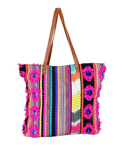 IndiWeaves Vintage Jacquard Leather Handle Handmade Tote Bag, Top Handle Shoulder Bags, Shopper Bags