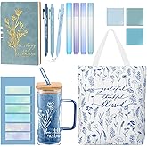 Reallnaive 14 Pcs Pastor Wife Gift for Church Bible Journaling Kit 16oz Glass Cup Canvas Bag A6 Leather Notebook Highlighter Pen Sticky Note Sticker Sunday Shool Teacher Christian VBS Gift(Blue)
