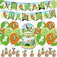 PINUO Yoshi Birthday Party Supplies - Mario Yoshi Decorations Pack with Banner, Cake Topper, 18 Balloons, 12 Cupcake Toppers - Red, Green
