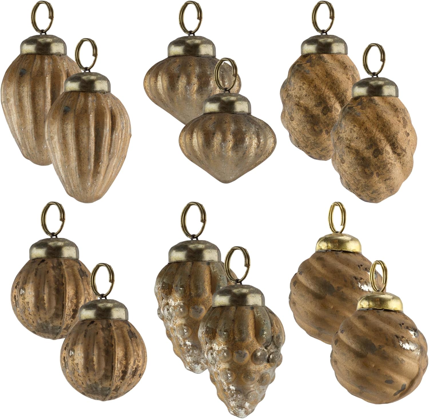 Ornaments - AuldHome Small Glass Finial Ornaments (Set of 12, Gold); Distressed Metal Antique Style Christmas Decorations; Small to Medium Tree Sized