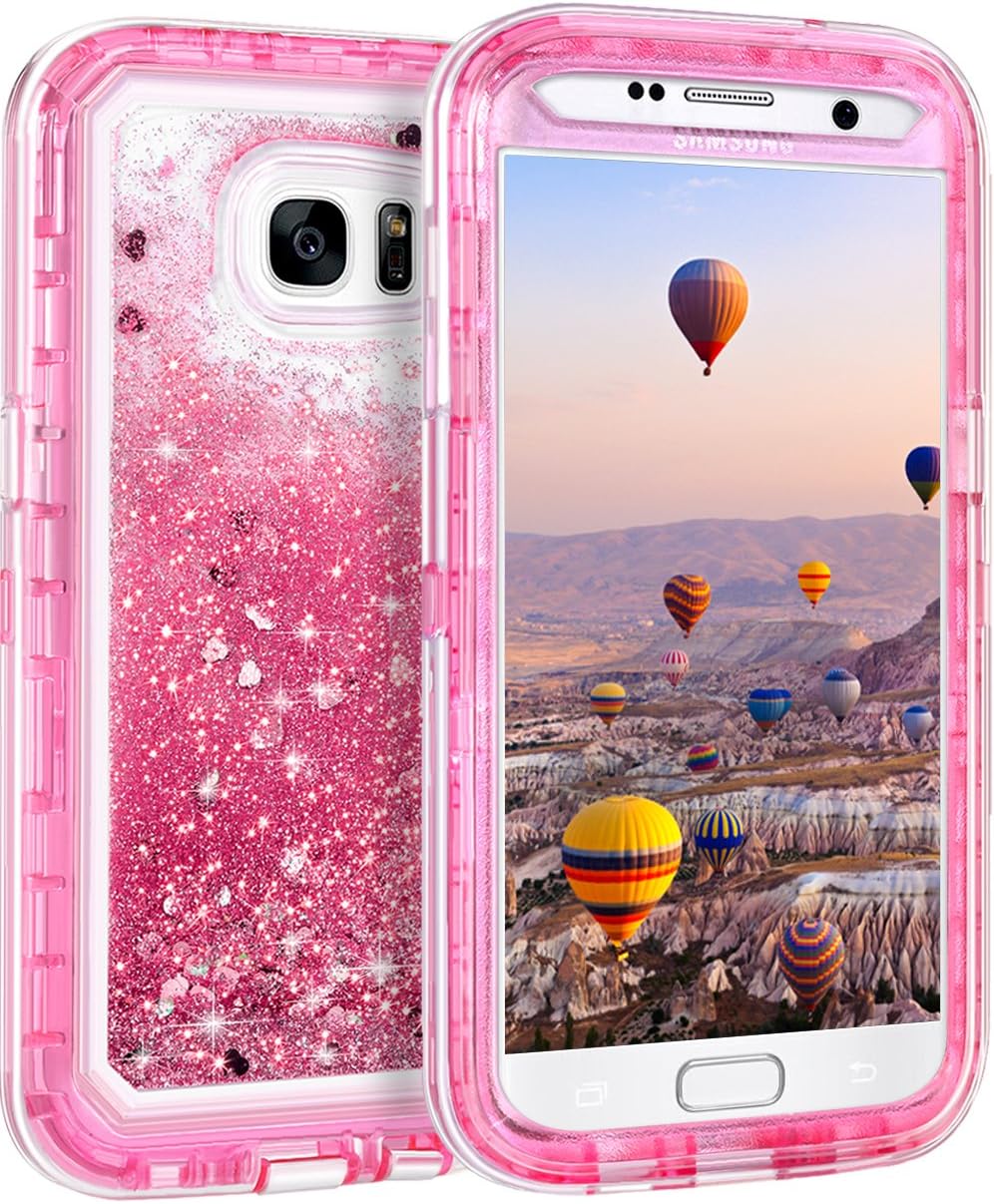 Coolden Heavy Duty Case for Samsung Galaxy S7 Case Glitter Shockproof Case Floating Bling Sparkle Shiny Quicksand Liquid Clear Protective Case Phone Case Cover for Samsung Galaxy S7 (Pink)