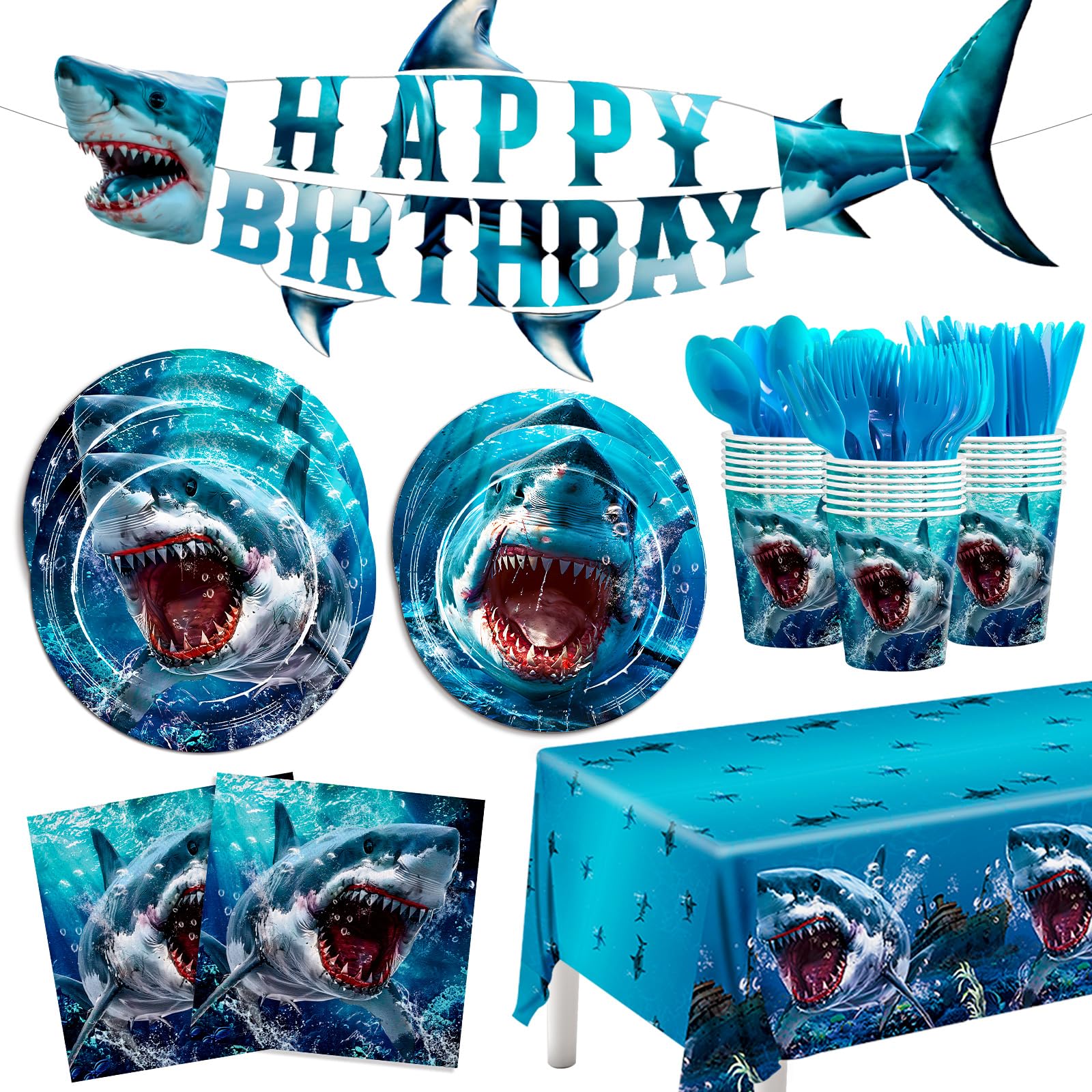 Photo 1 of 170pcs Shark Birthday Party Supplies - Plates, Napkins, Decorations, Tablecloth, Banner - Under the Sea Theme Tableware for Boys Kids - Serves 24 Guests
