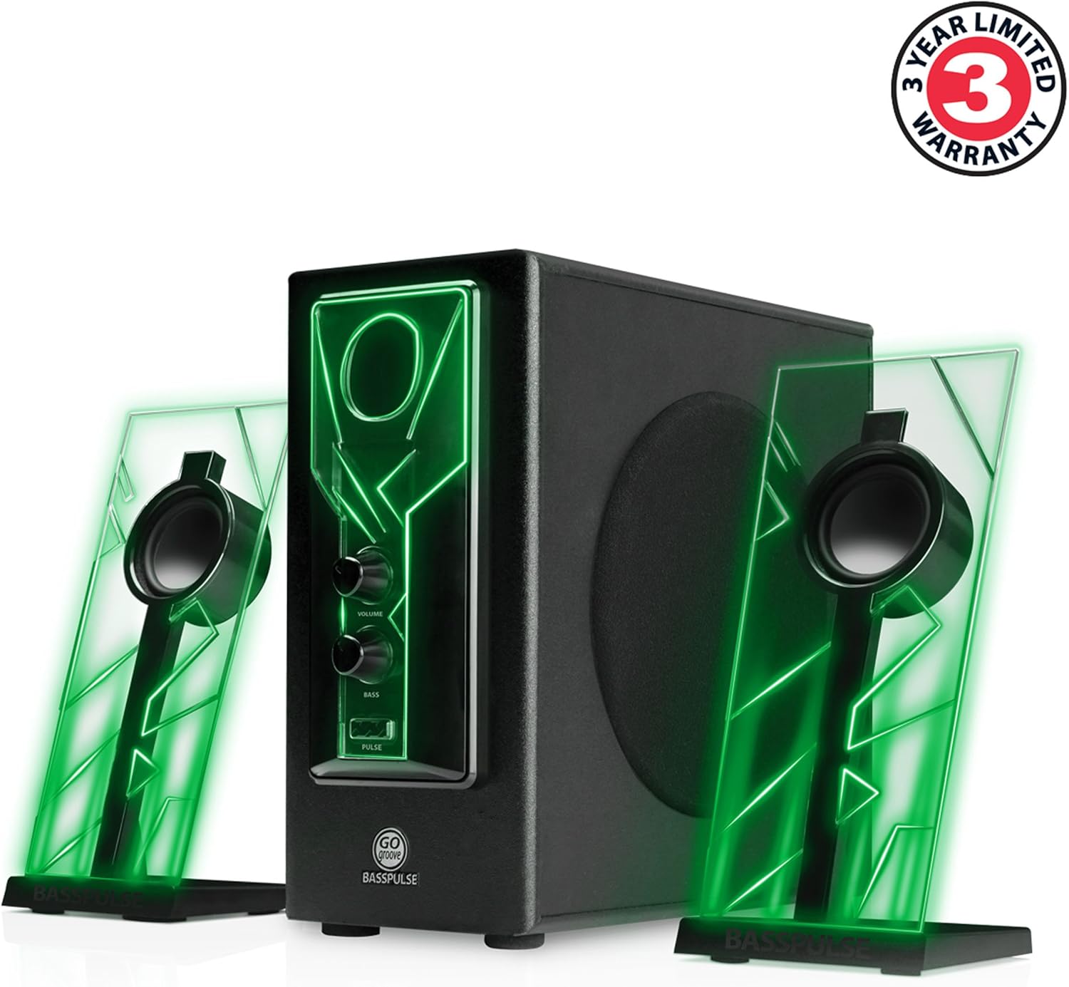 GOgroove BassPULSE 2.1 LED Satellite Stereo PC Computer Gaming Speakers with Green Glow Lights - Image 4