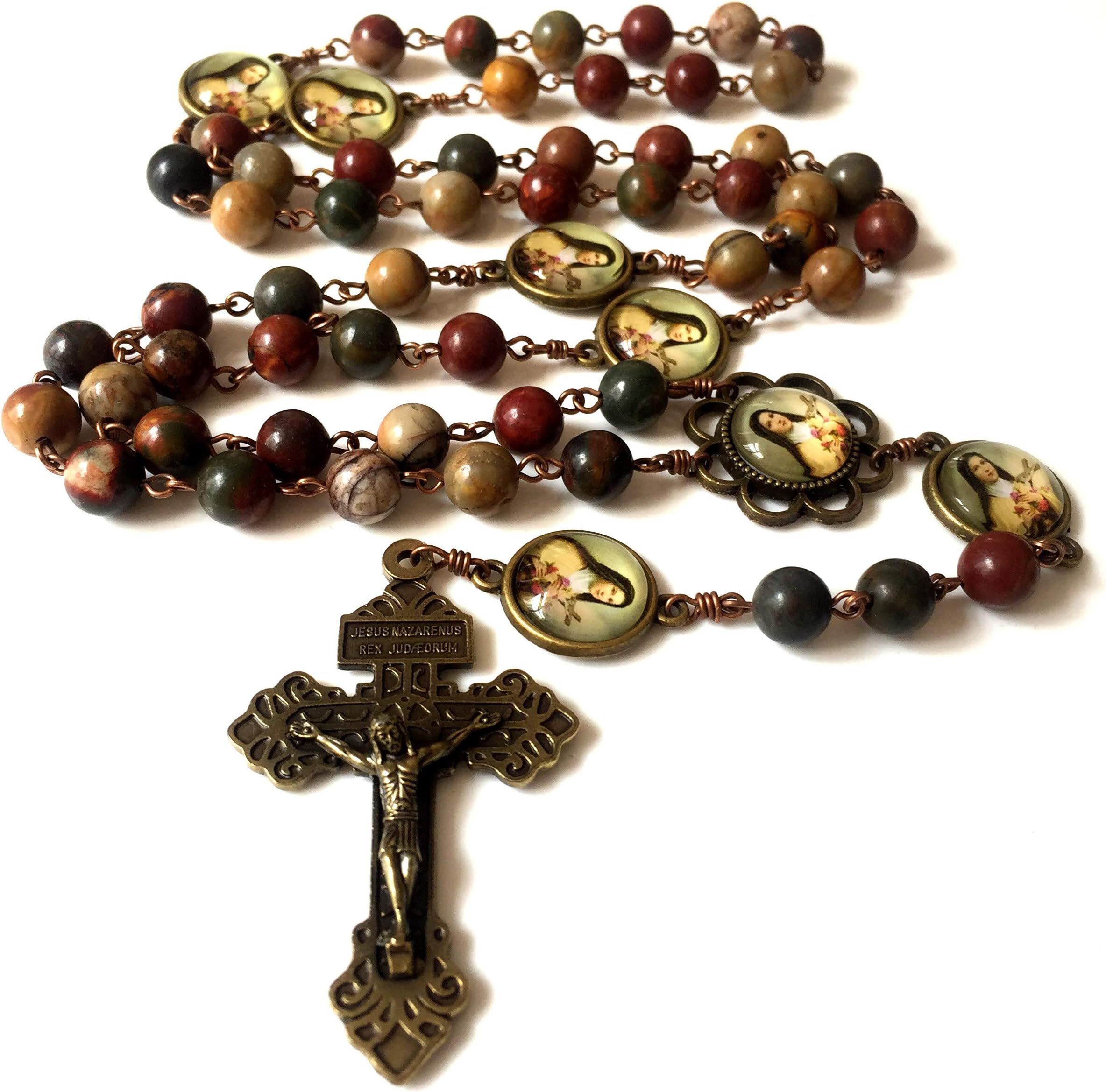 elegantmedical Picasso Stone Bead ST.Therese Rosary Cross Crucifix Catholic 5 Decade Rosary Necklace
