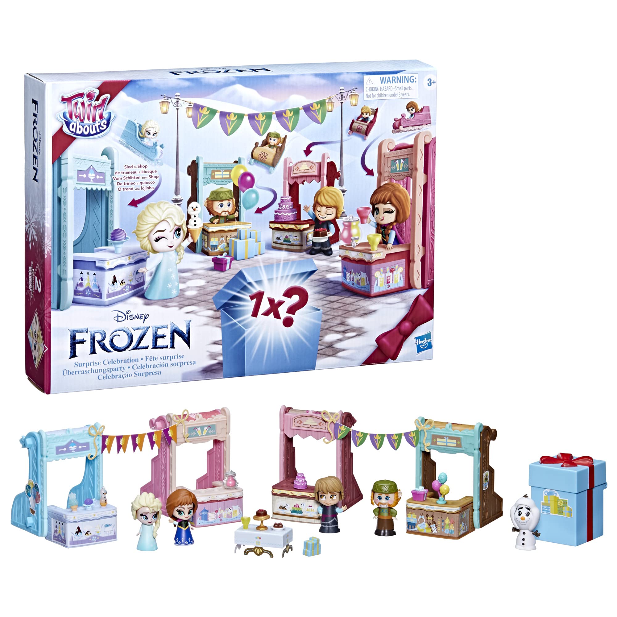 Frozen Disney 2 Twirlabouts Surprise Celebration Playset, 5 Dolls, 4 Convertible Sleds, 12 Accessories, Toy for Kids 3 and Up