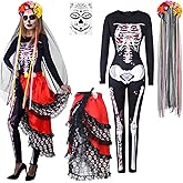 Ramede 4 Pcs Day of The Dead Catsuit Costume Women Dia De Muertos Skeleton Bodysuit Mexican Halloween Sugar Skull Accessories