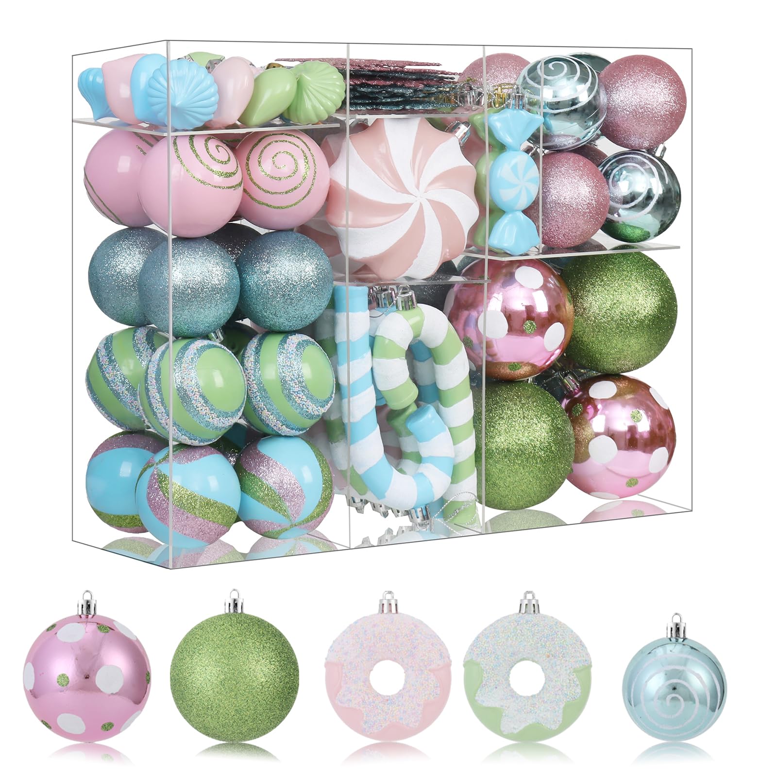 View 1 of 105PCS Pink Blue Green Christmas Ornaments Set, Cute Pastel Assorted Christmas Ball Ornaments, Shatterproof Christmas Decorations Hanging Balls for Christmas Tree Holiday Party Decor (Pink Blue Green)
