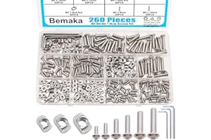 Bemaka 260PCS M3 M4 M5 T Nuts Screws Kit, T Slot Nuts Hammer Head Fastener with Nickel Plated Carbon Steel Button Head Screws for 2020 Series Aluminum Extrusion Profile