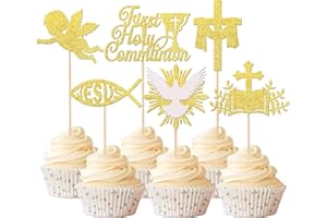 Rsstarxi 24 Pack First Holy Communion Cupcake Toppers Gold Glitter Dove Angel God Bless Cross Cupcake Picks for Baptism First Communion Theme Baby Shower Birthday Party Cake Decorations
