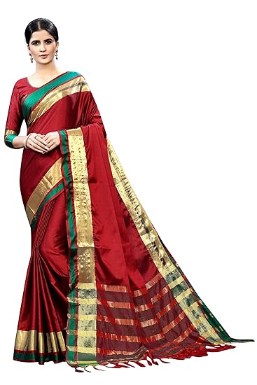 Womens Cotton Silk Saree With Blouse Piece(Han9shikaVariation (Red)