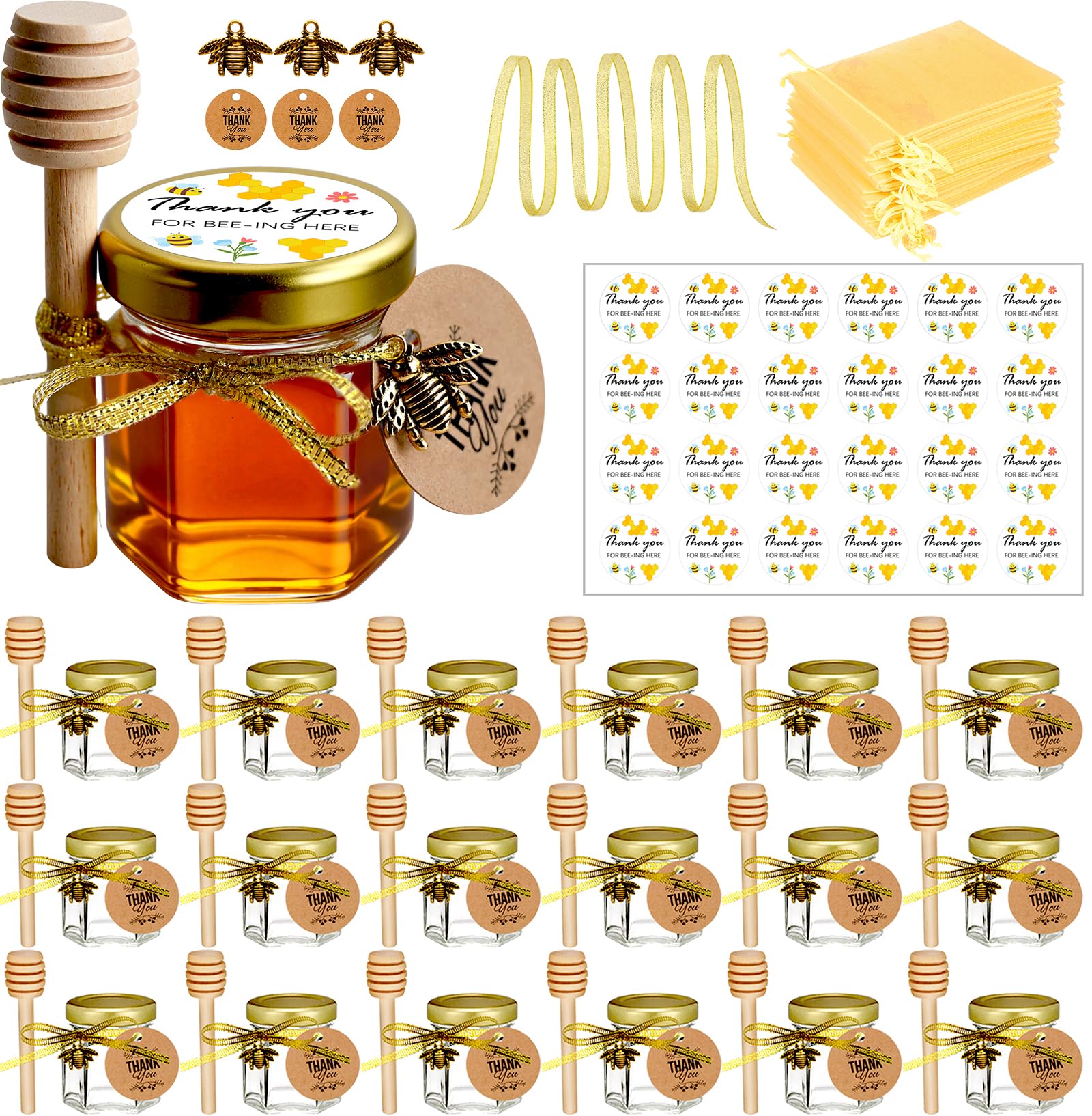 Photo 1 of Ahhute Honey Jar, Mini Honey Jars with Dipper, Glass Honey Pot Baby Shower Favors, Party Favors & Wedding Favors, Hexagon Honey Container with Lid, Bee Charms, Fabric Ribbons and Bags, 20 Pack 1.5oz