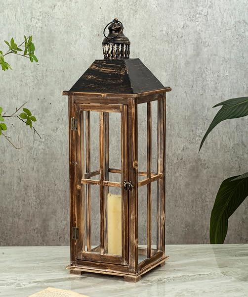 LARGE FARMHOUSE WOODEN DECORATIVE LANTERN SET OF 2, RUSTIC DISTRESSED BROWN BURNT WOOD FLOOR CANDLE LANTERNS, INDOOR/OUTDOOR HANGING LANTERNS FOR HOME DECOR (NO GLASS)