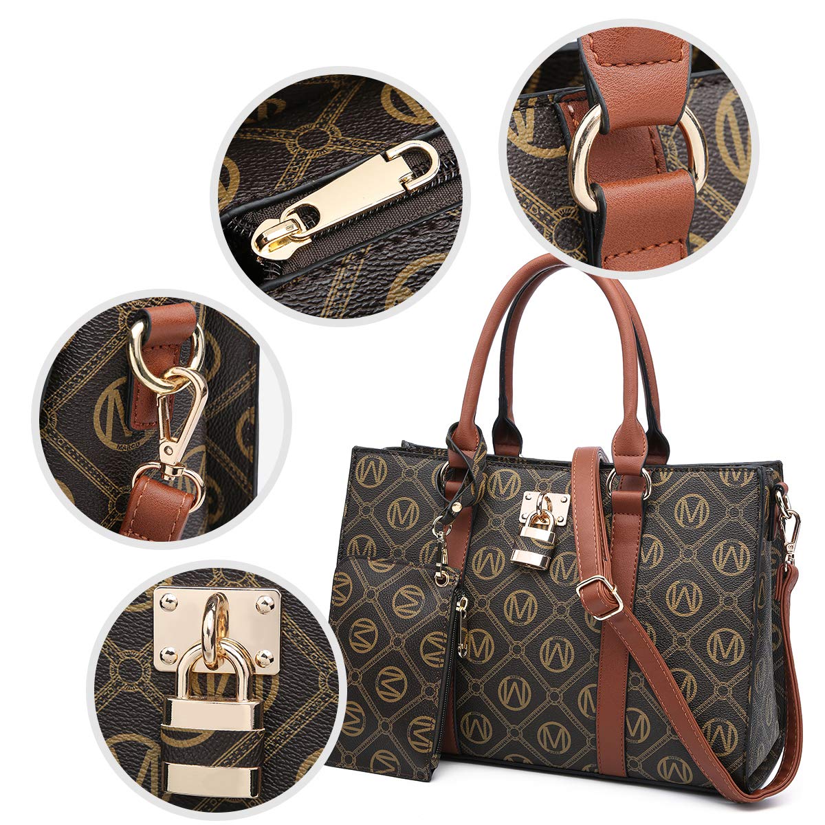 MKP Women Fashion Top Handle Handbags Purses Satchel Tote M Signature Padlock Shouler Bags Work Bag with Wallet Wristlet Set 2pcs (Coffee)