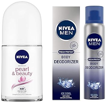 NIVEA Anti-Perspirant Roll-On, Pearl & Beauty, 50ml & Men Body Deodorizer Ice Cool, Gas Free