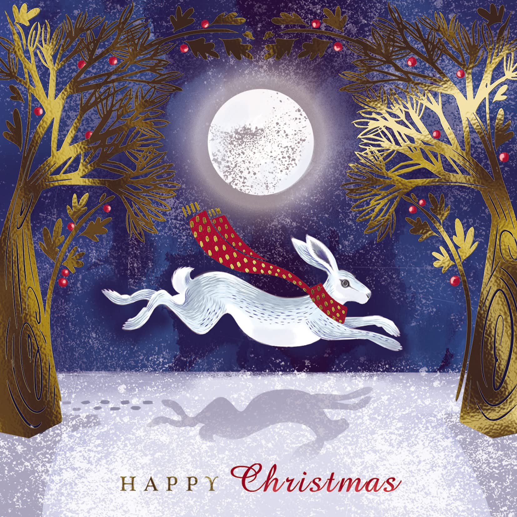 Ling Design Pack of 6 Premium Charity Christmas Cards - 'Forest Hare' - Festive White Hare Leaping in the Snow - 6 Cards of 1 Design - Supporting UK Charities