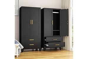 GAIOUS Steel Armoire Wardrobe Closet, 71" Metal Clothing Storage Cabinets with 2 Doors, 1 Adjustable Shelf and 2 Drawers, Metal Wardrobe Cabinet with Hanging Rod for Bedroom, Gym, Cloak Room (Black)