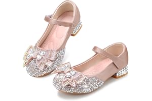 Qimaoo Girls Dress Shoes Mary Jane Princess Shoes Girls' Flats Glitter Low Heels Flower Wedding Party Footwear for Toddler Little/Big Kid