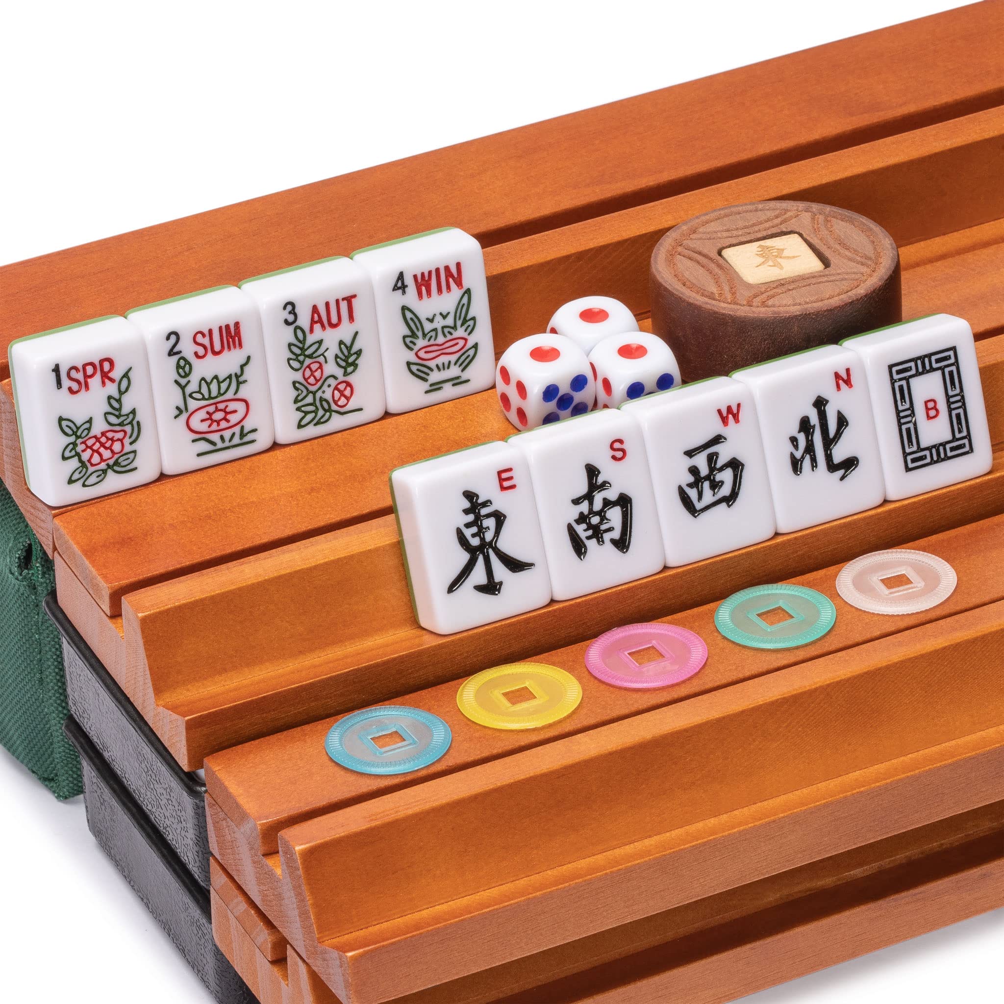 Yellow Mountain Imports American Mahjong Set, Huntington with 166 Melamine Mahjong Tiles, Mineral Green Soft Case - 4 All-in-One Racks with Pushers, Scoring Coins, Dice, and Wind Indicator